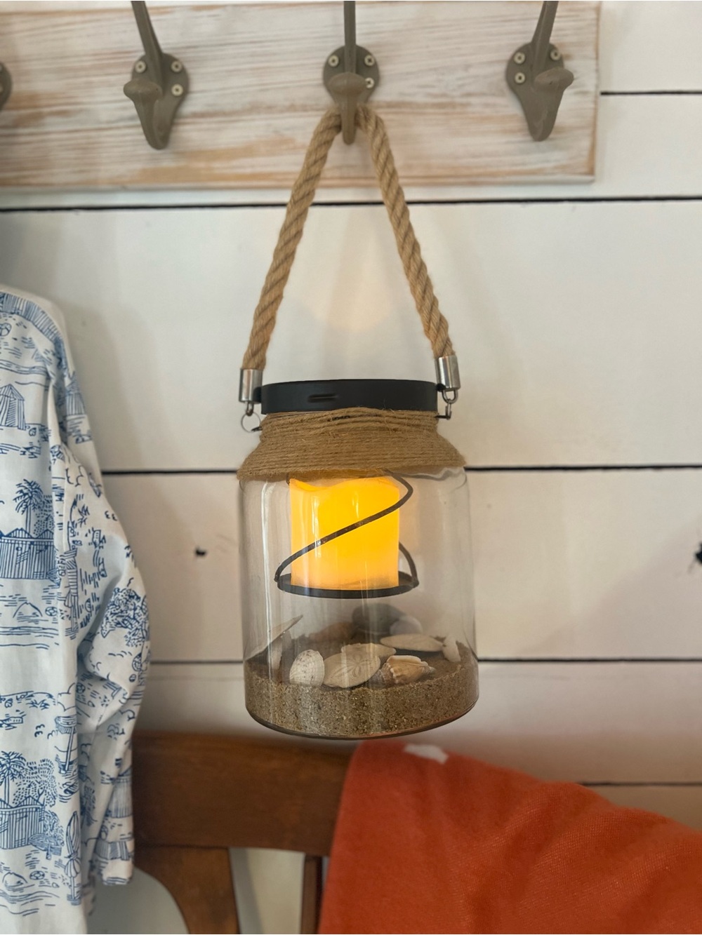 Hanging Coastal Lantern with Rope Handle - Yellow Candle Accent